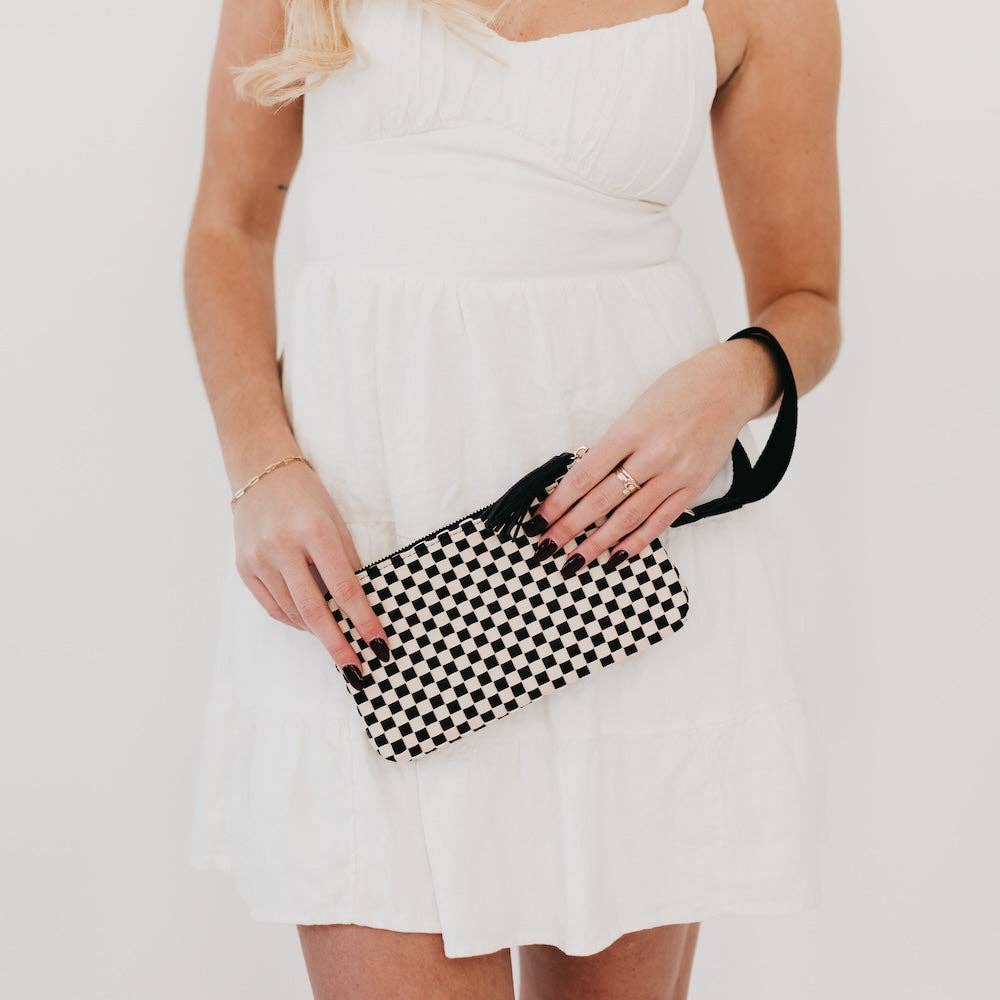 Black Checkered Emma Woven Clutch Wristlet