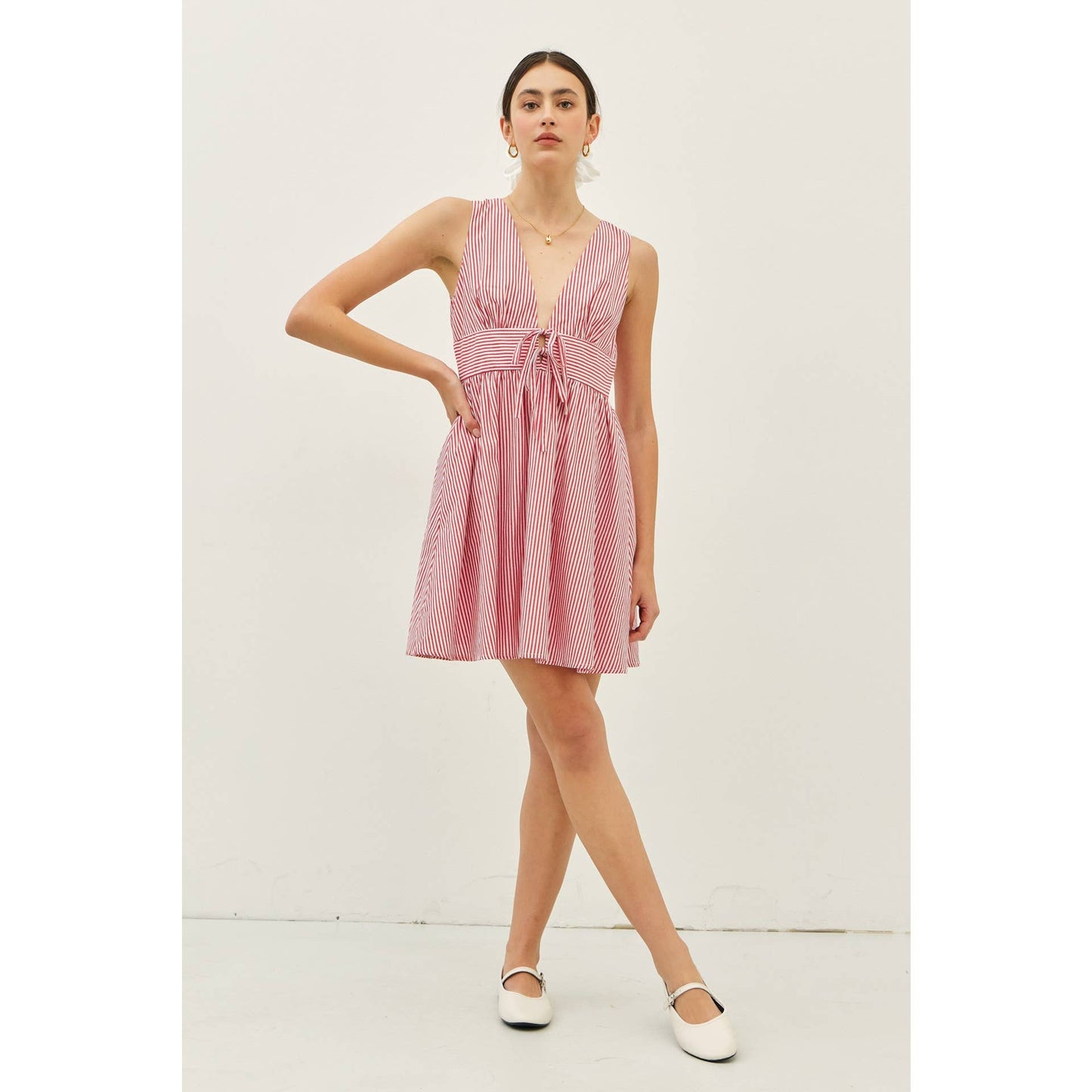 Red & White Summer Plunge Neck Stripe Mini Dress