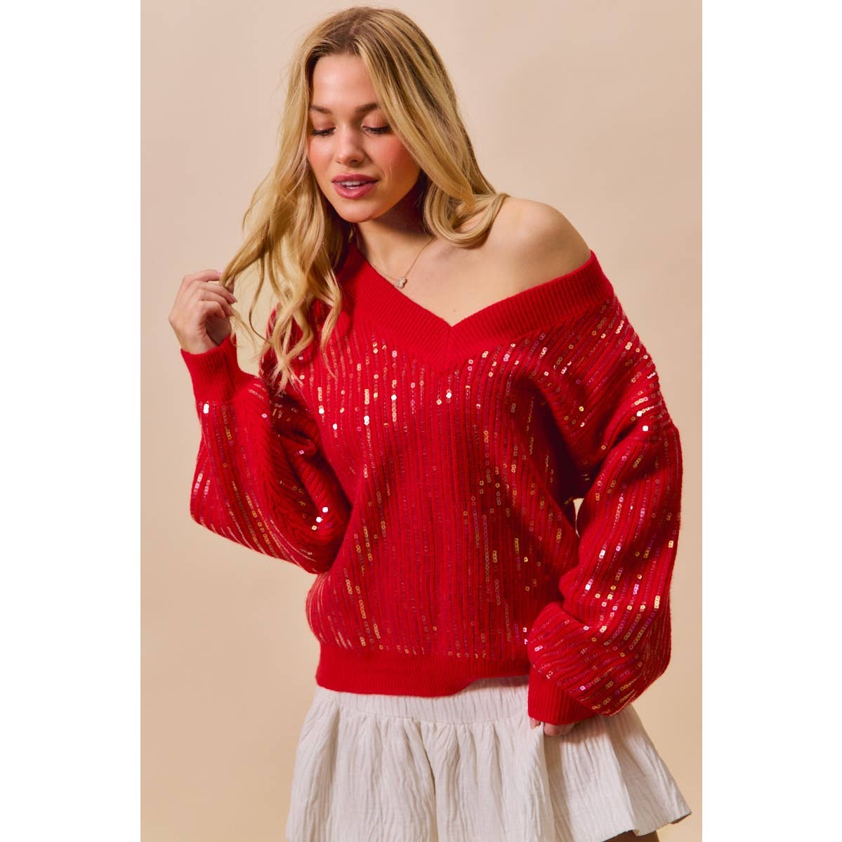 Red Sequins V Neck Sweater