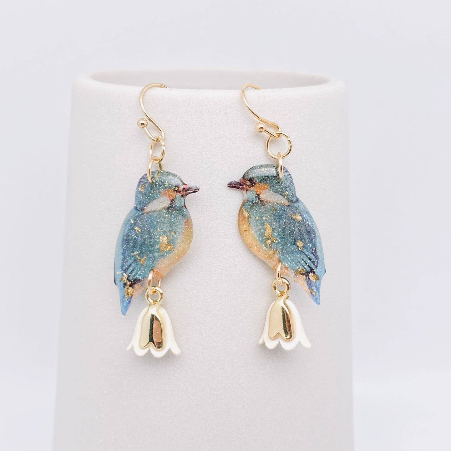 Resin Bird Charm Dangle Earrings: White