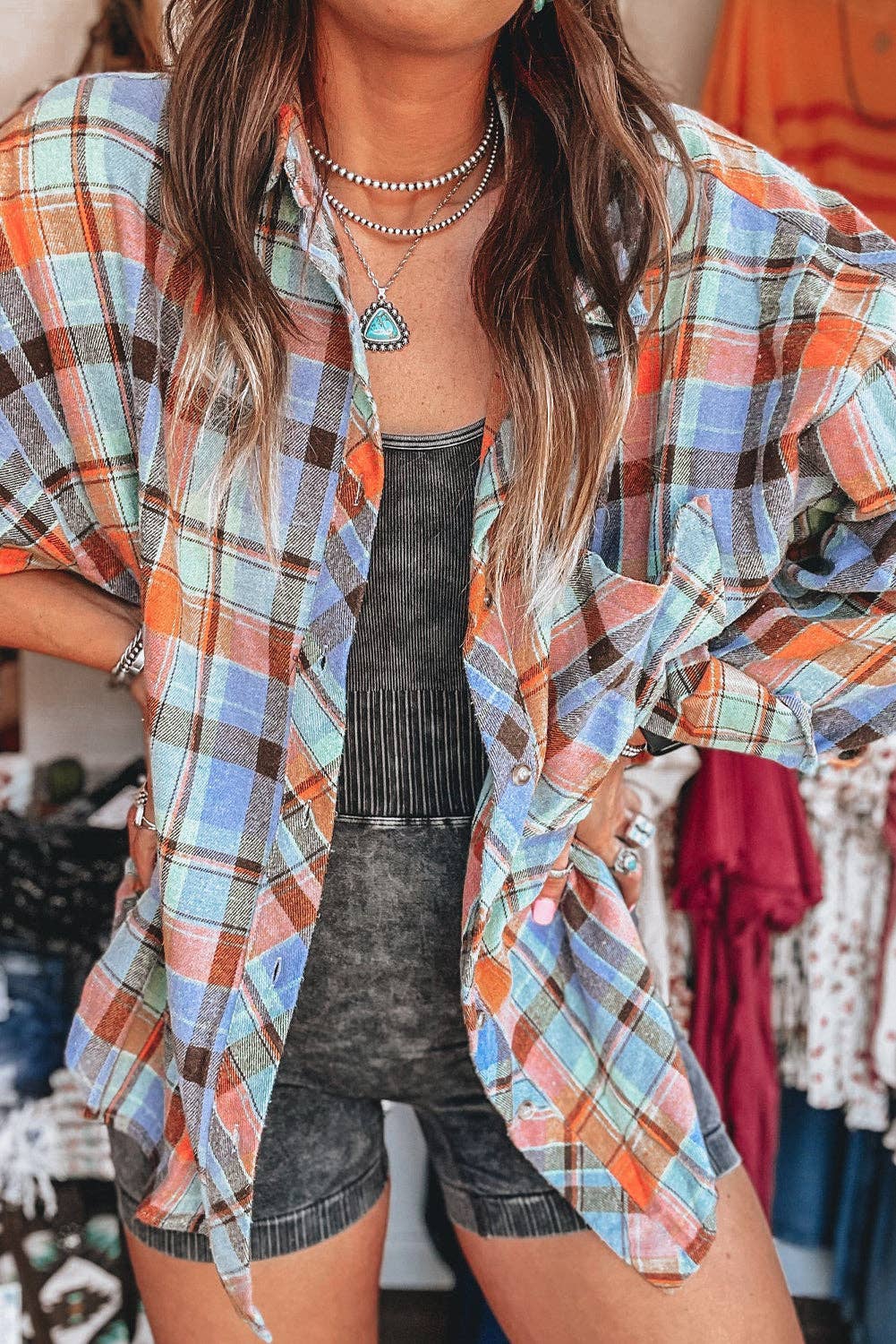Women's Plaid Print Loose Vintage Shirt: Orange / 100%Cotton / S