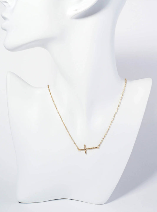 Gold Hammered Metal 1 Inch Sideways Cross Pendant Necklace