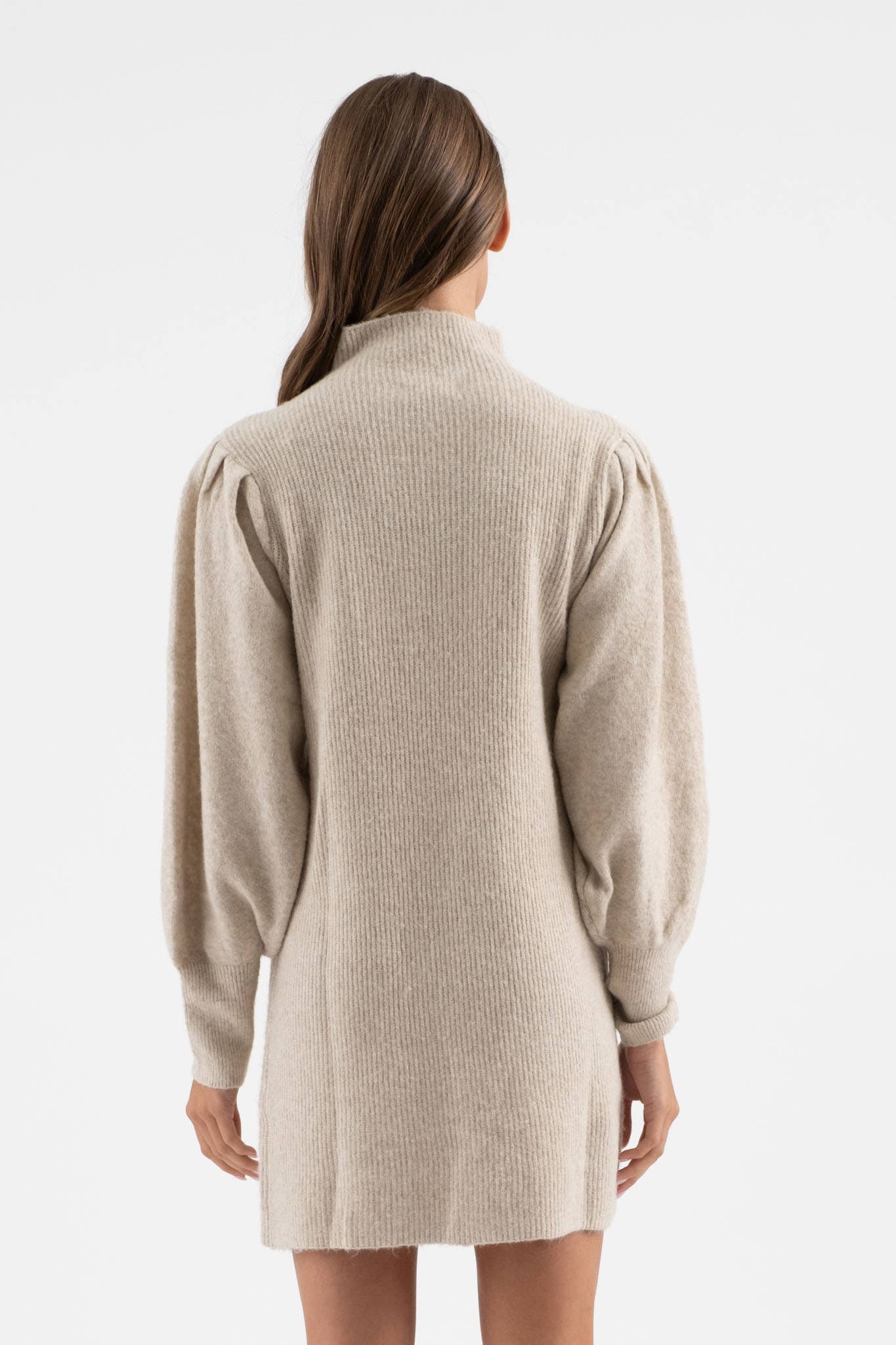 Khaki Mock Neck Puff Sleeve Sweater Dress