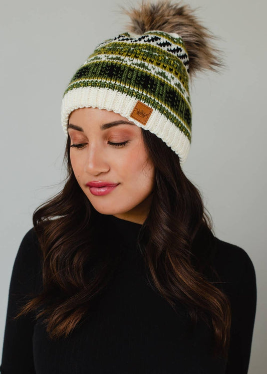 Ivory, Green & Black Christmas Pattern Pom Hat