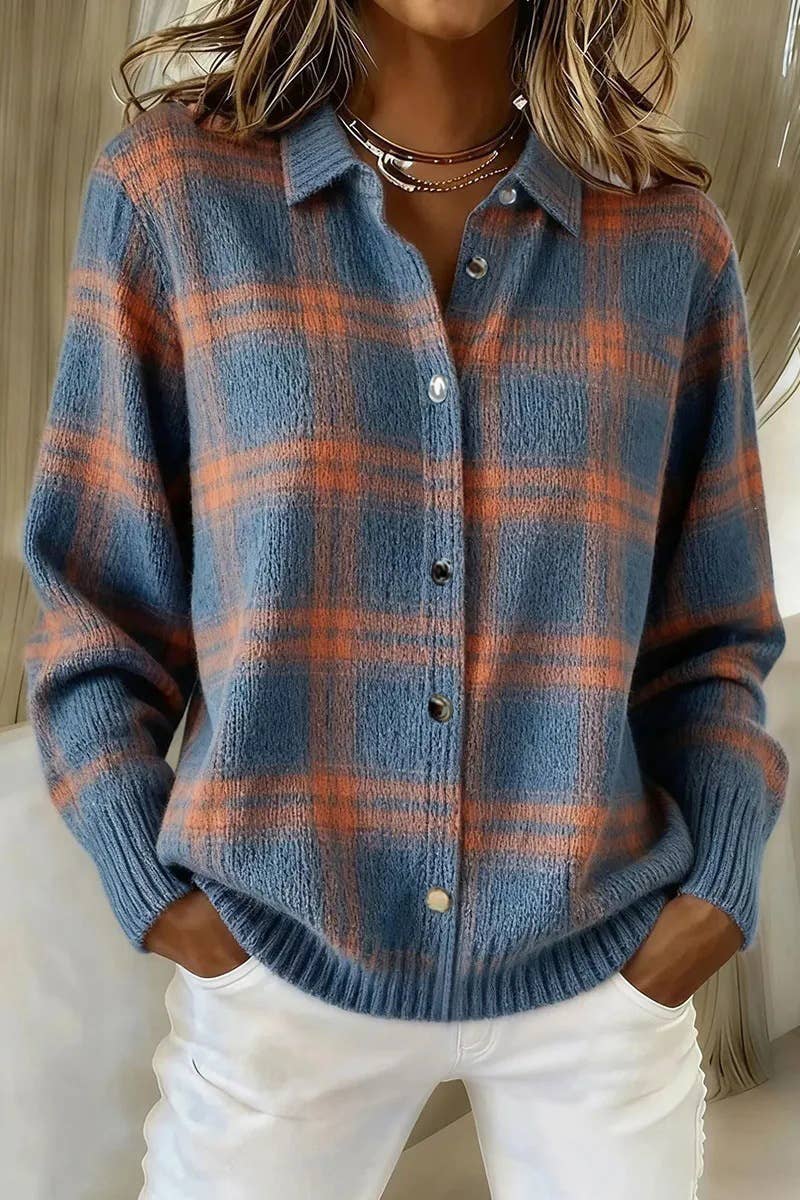 Plaid Knit Shirt Cardigan for Women, Relaxed Button-Up: Blue / 65%Viscose35%Polyester / S