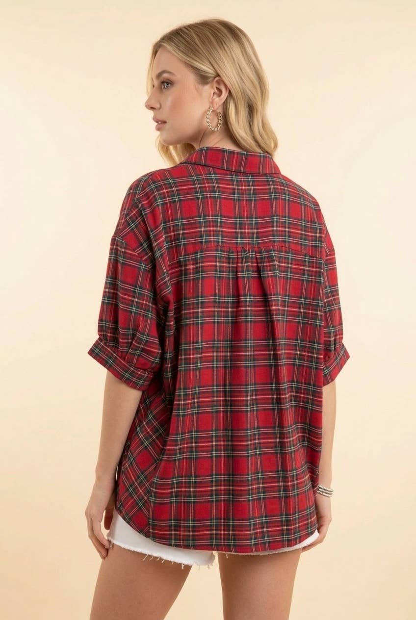 HT20272 Plaid Button Front Collared Short Sleeve Shirt: RED / 2-2-2(S-M-L)