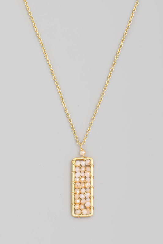 Gold Beaded Rectangle Pendant Necklace