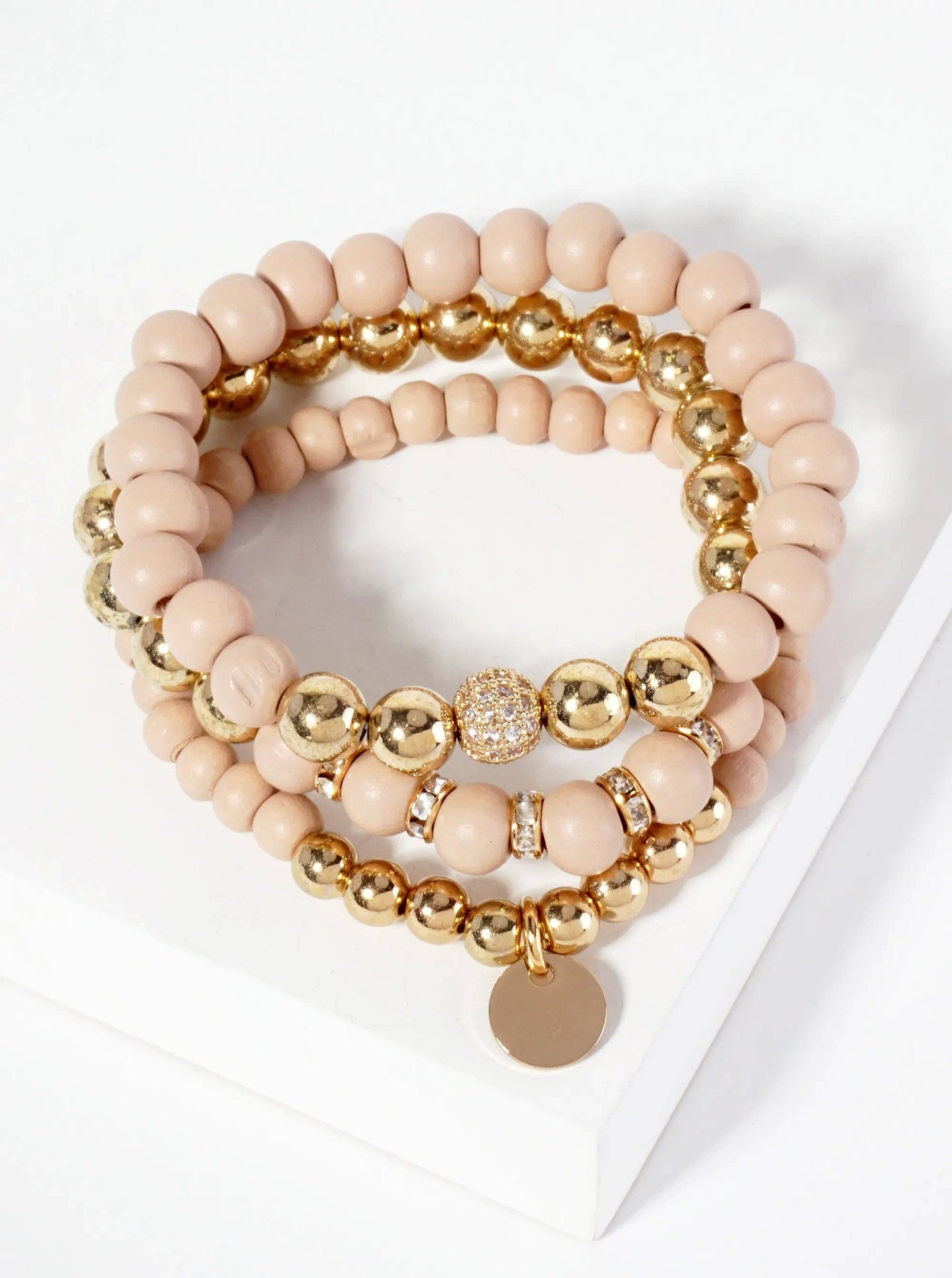 Wood and Metallic Beads Stackable Stretch Bracelets: Beige