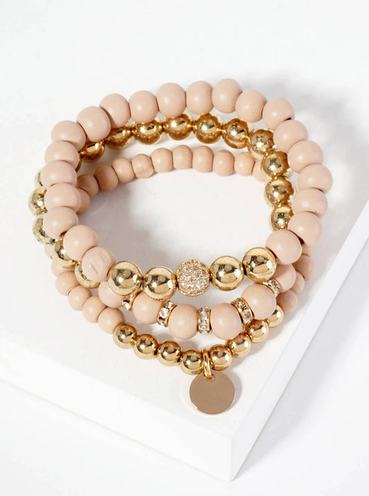 Wood and Metallic Beads Stackable Stretch Bracelets: Beige