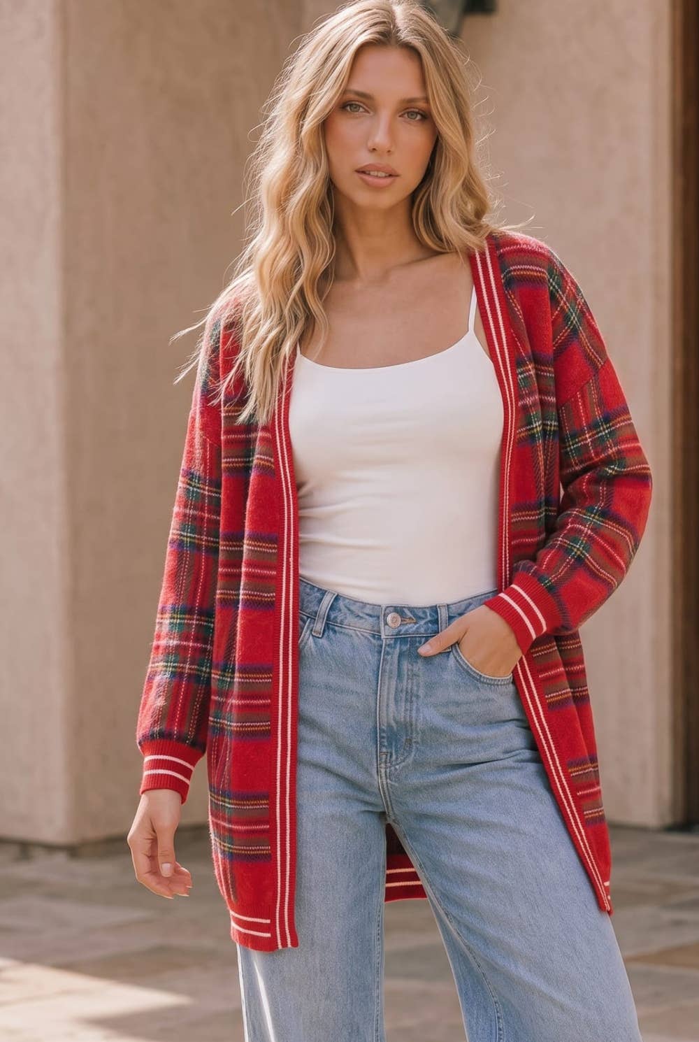 Red Plaid Open Front Knit Cardigan: RED / S