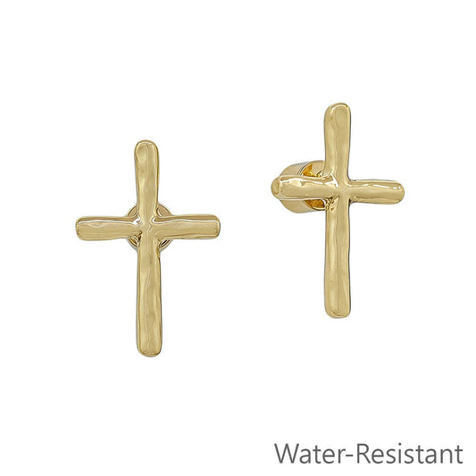 Water Resistant Hammered Gold Stud Cross .5" Earring