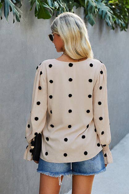 Beige Polka Dot V Neck Blouse