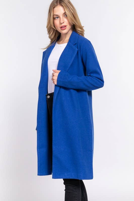 Royal Blue Notched Collar Open Front Long Coat