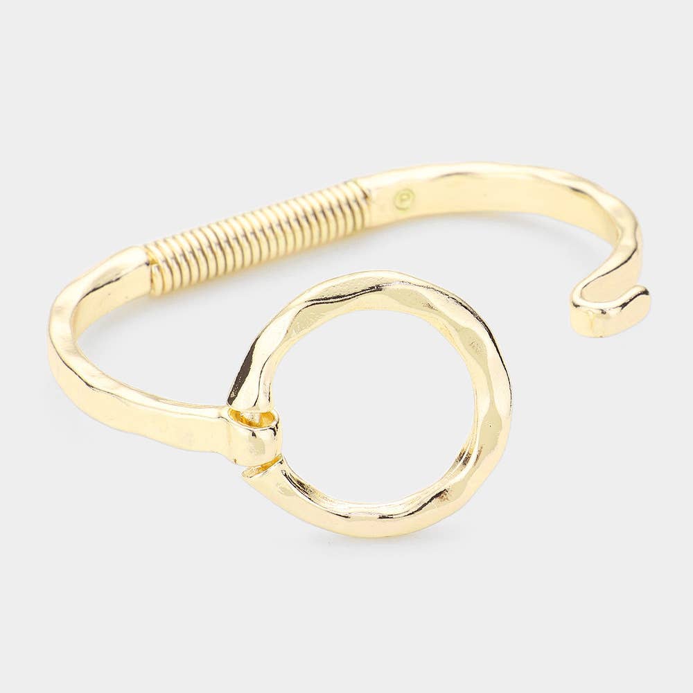 Hammered Open Metal Circle Hook Bracelet: WORN SILVER