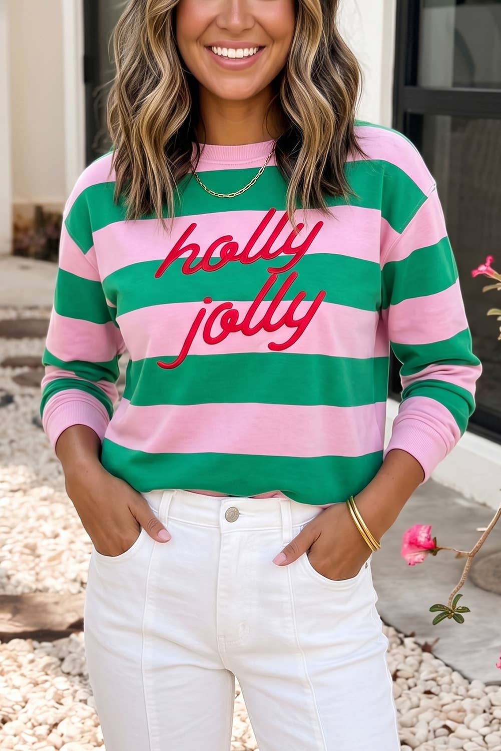 Holly Jolly Embroidered Stripe Pullover Sweatshirt | S-4X: Pink Stripe / S
