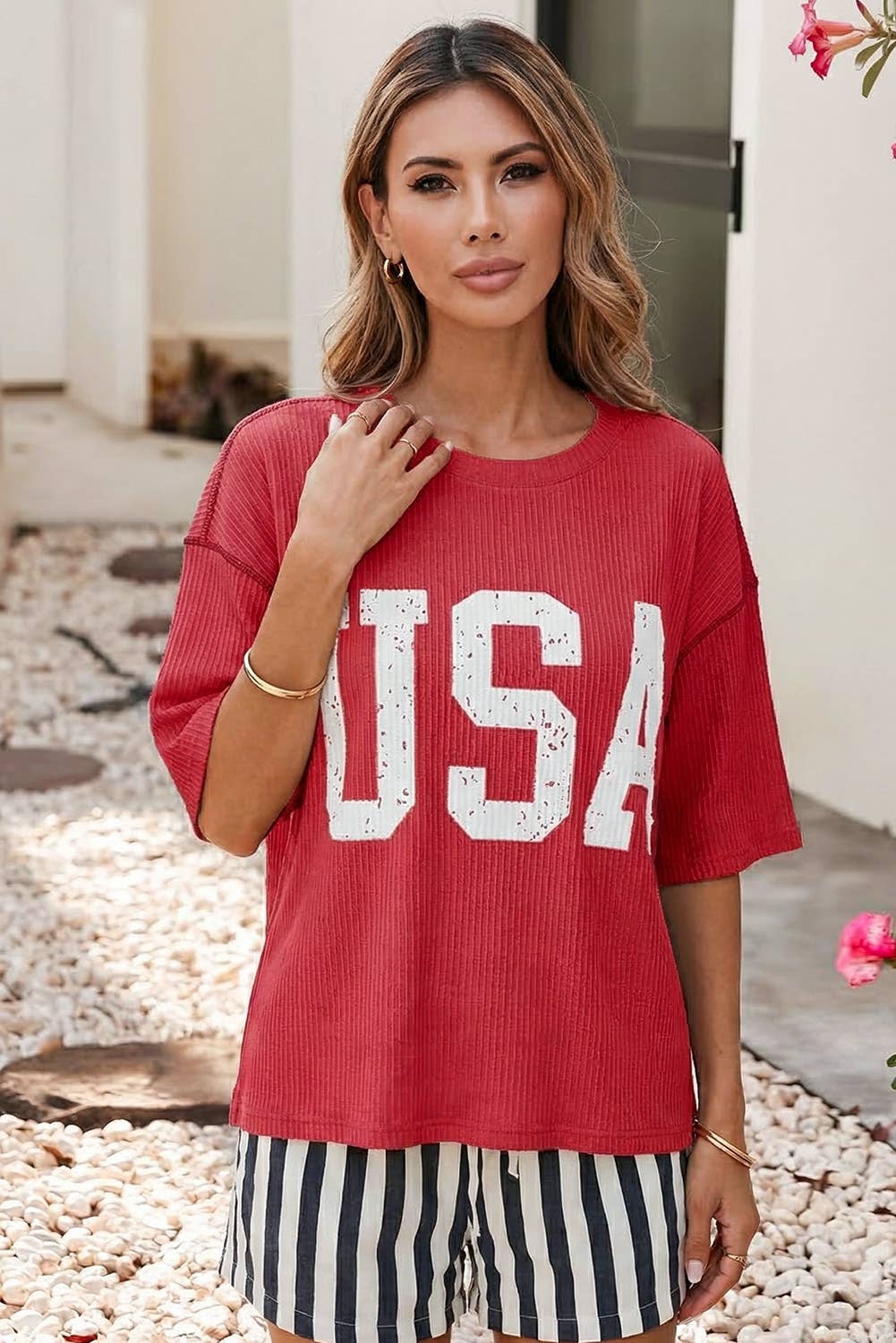 Fiery Red USA Graphic Half Sleeve Loose Ribbed Top