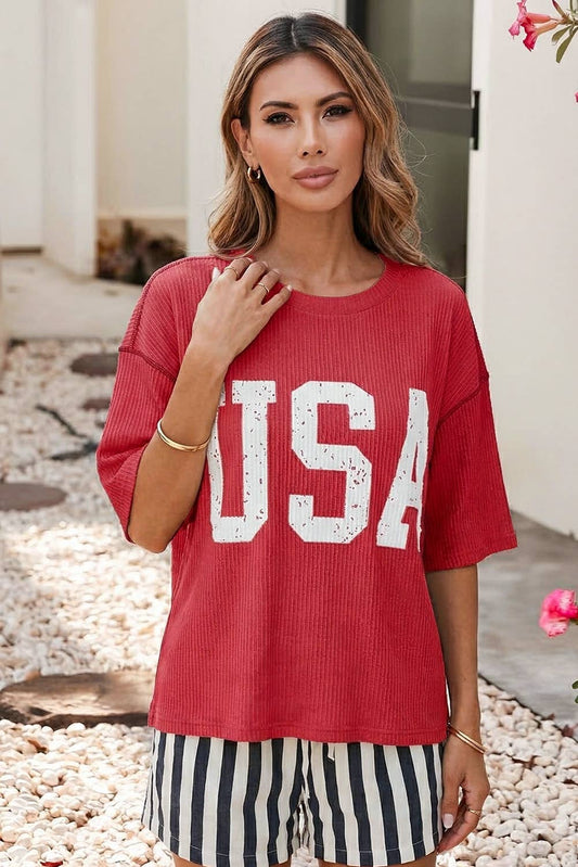 Fiery Red USA Graphic Half Sleeve Loose Ribbed Top