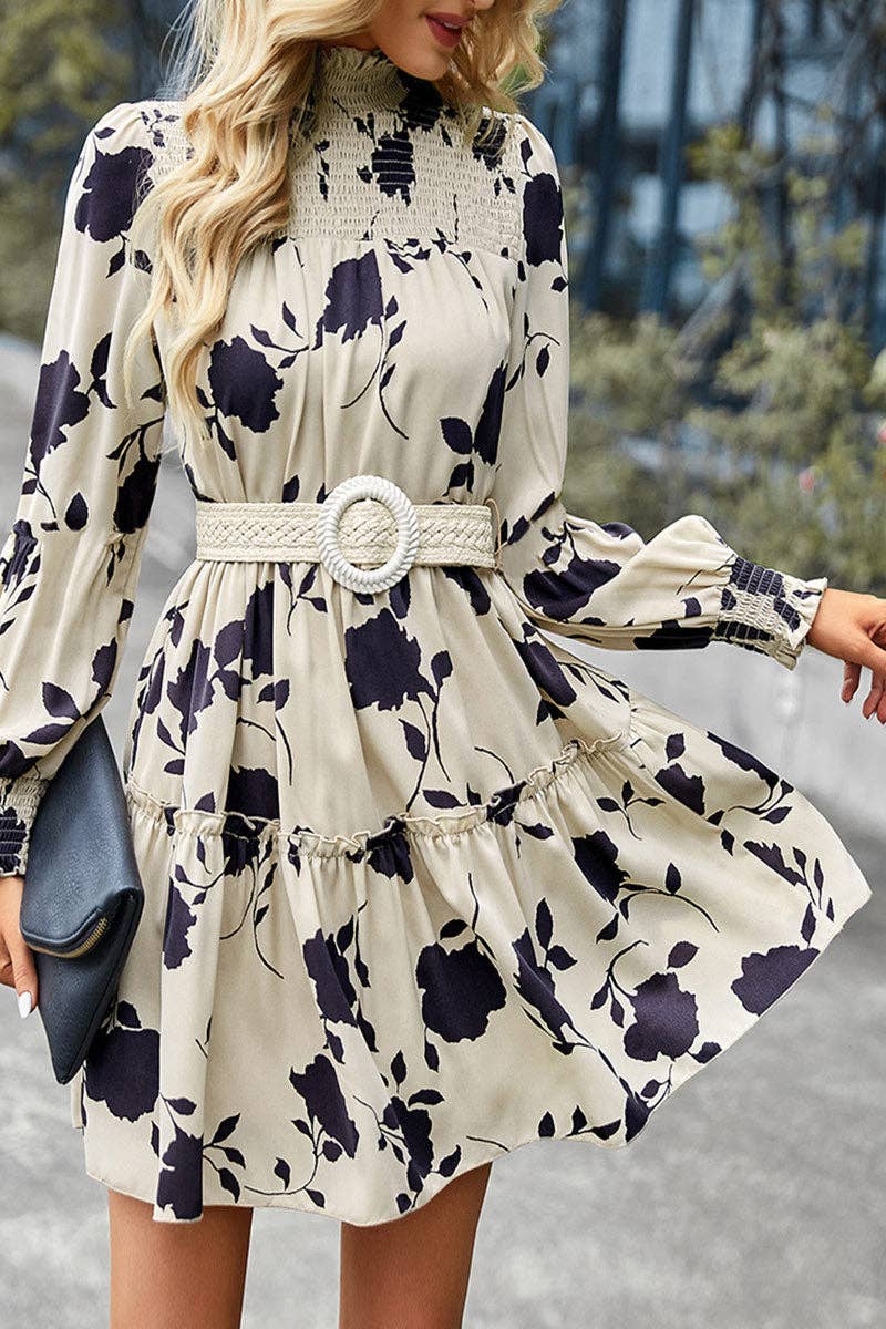 Floral Print Mock Neck Long Sleeve Dress