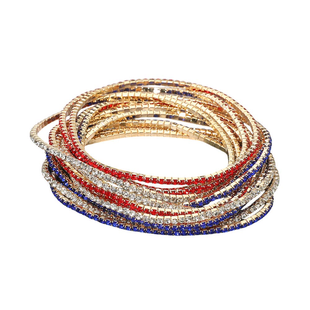 12PCS - American USA Rhinestone Stretch Multi Layered Bracelets
