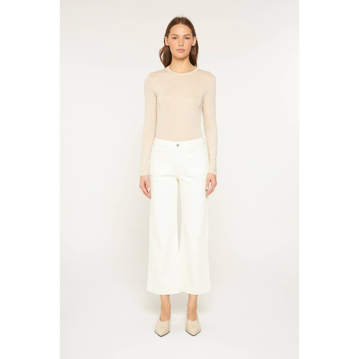 Mica Denim White Chocolate High Rise Cropped Wide Leg Patch Pocket Jean