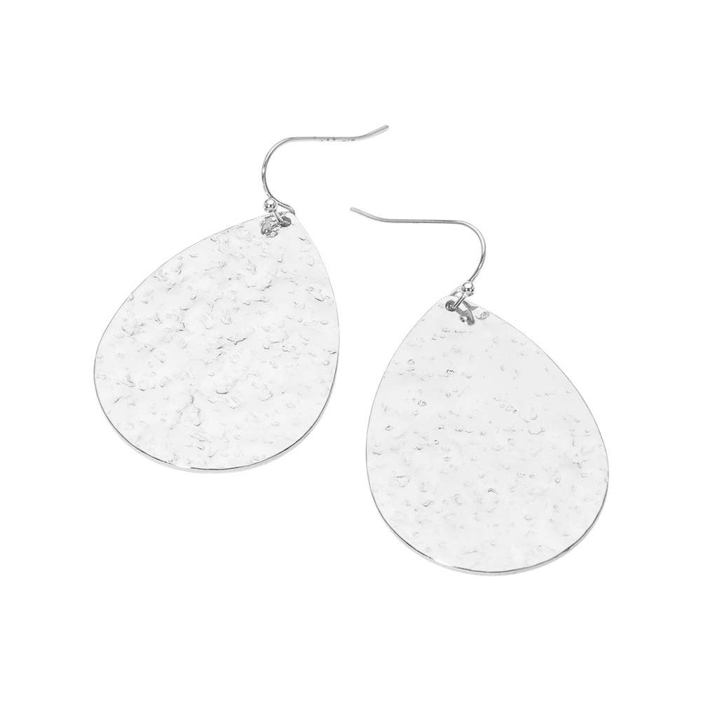 Hammered Metal Teardrop Plate Drop Earrings: Rhodium