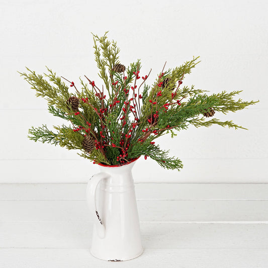 14 Inch Evergreen Pine with Red Pips Pick