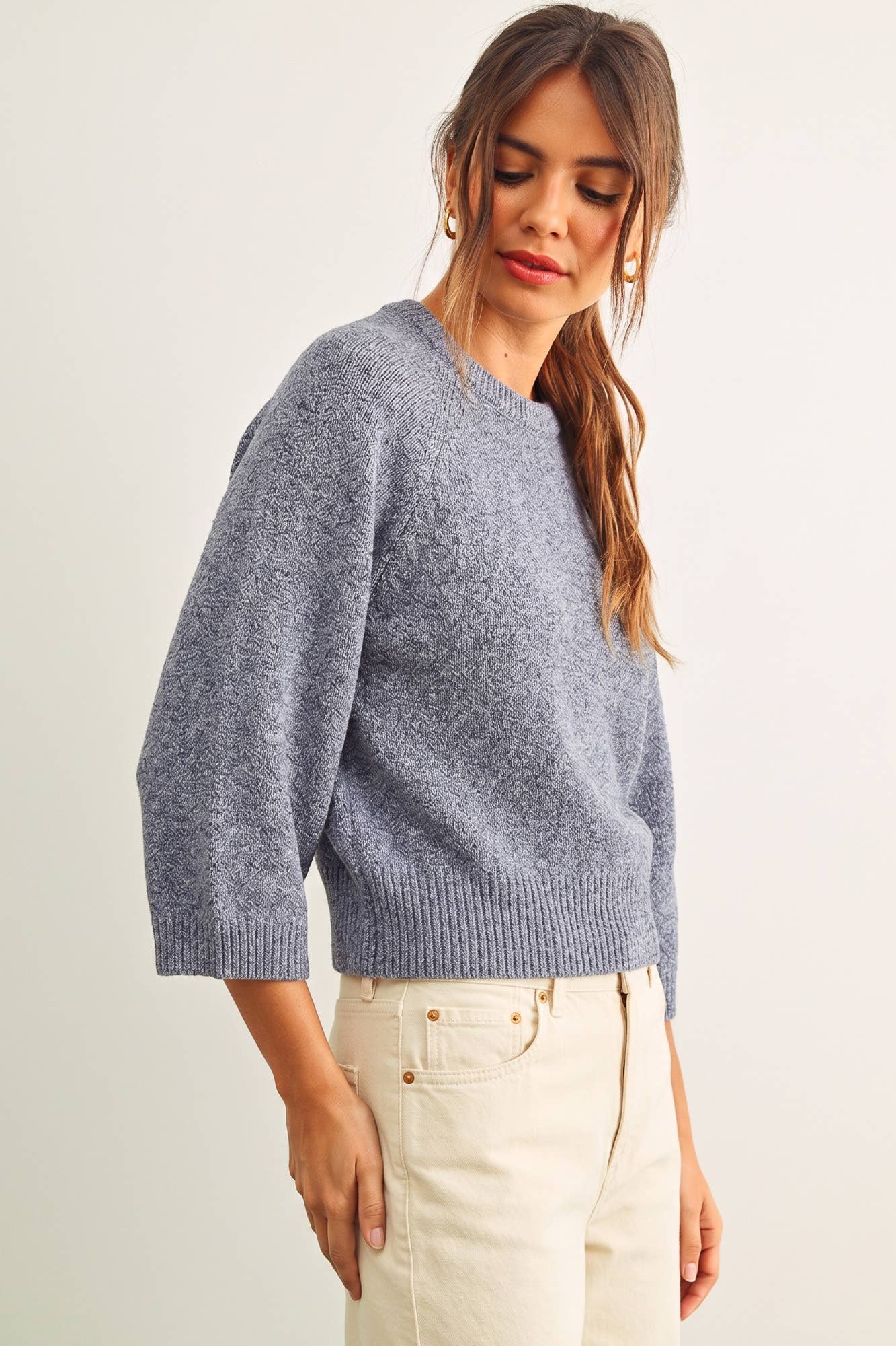 Blue Round Neck 3/4 Sleeve Knitted Top