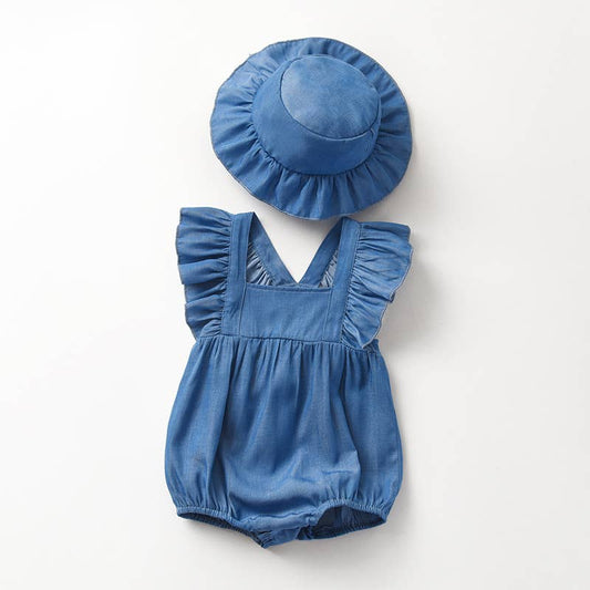 Baby Denim Romper Ruffled Sleeves and Hat Set
