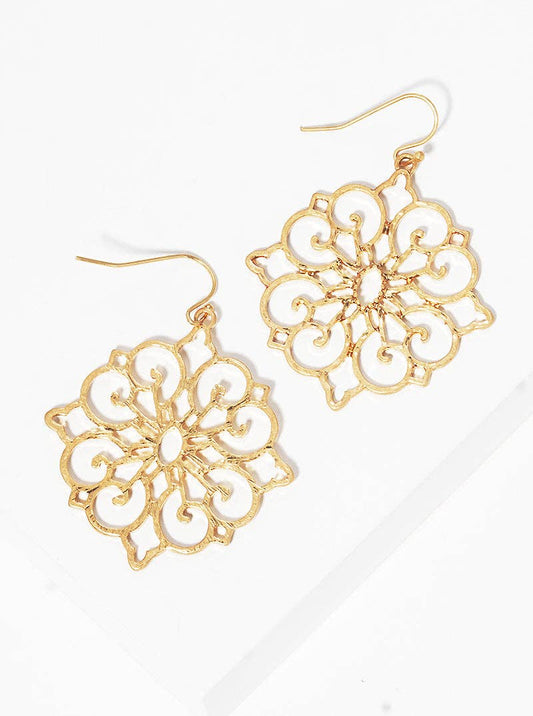 Worn Gold Metal Moroccan Shaped Filigree  Earrings