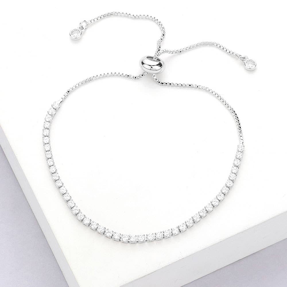 Stainless Steel CZ Stone Tennis Chain Pull Tie Adjustable Bracelet: Gold