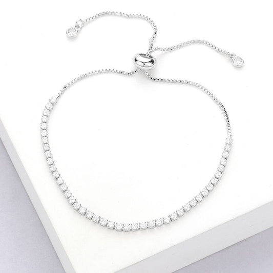 Stainless Steel CZ Stone Tennis Chain Pull Tie Adjustable Bracelet: Silver