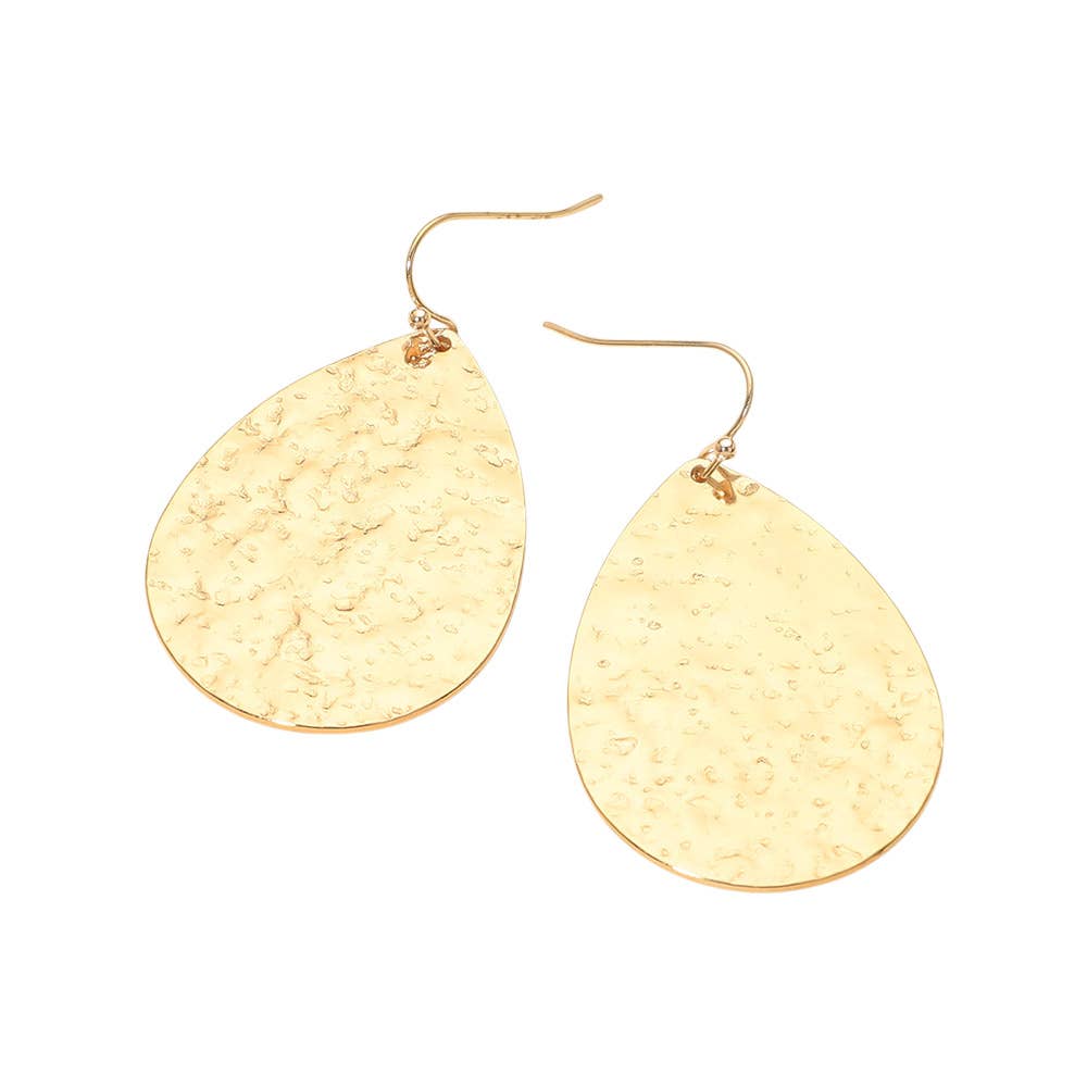 Hammered Metal Teardrop Plate Drop Earrings: Gold