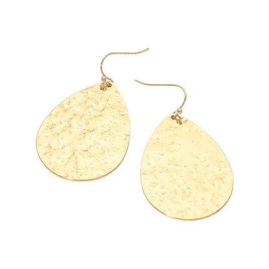 Hammered Metal Teardrop Plate Drop Earrings: Gold