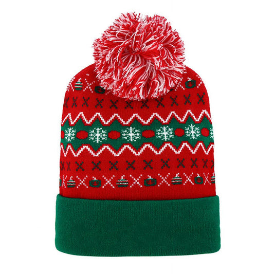 Christmas Theme Pattern Pom Pom Winter Beanie Hat