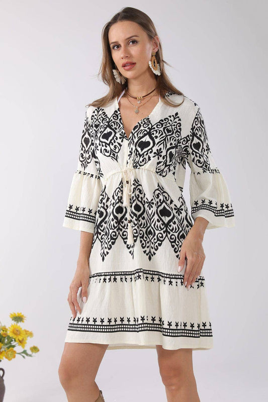 SALE Black & Cream Stormi Mixed Print Cover Up Dress With Tassel Ties