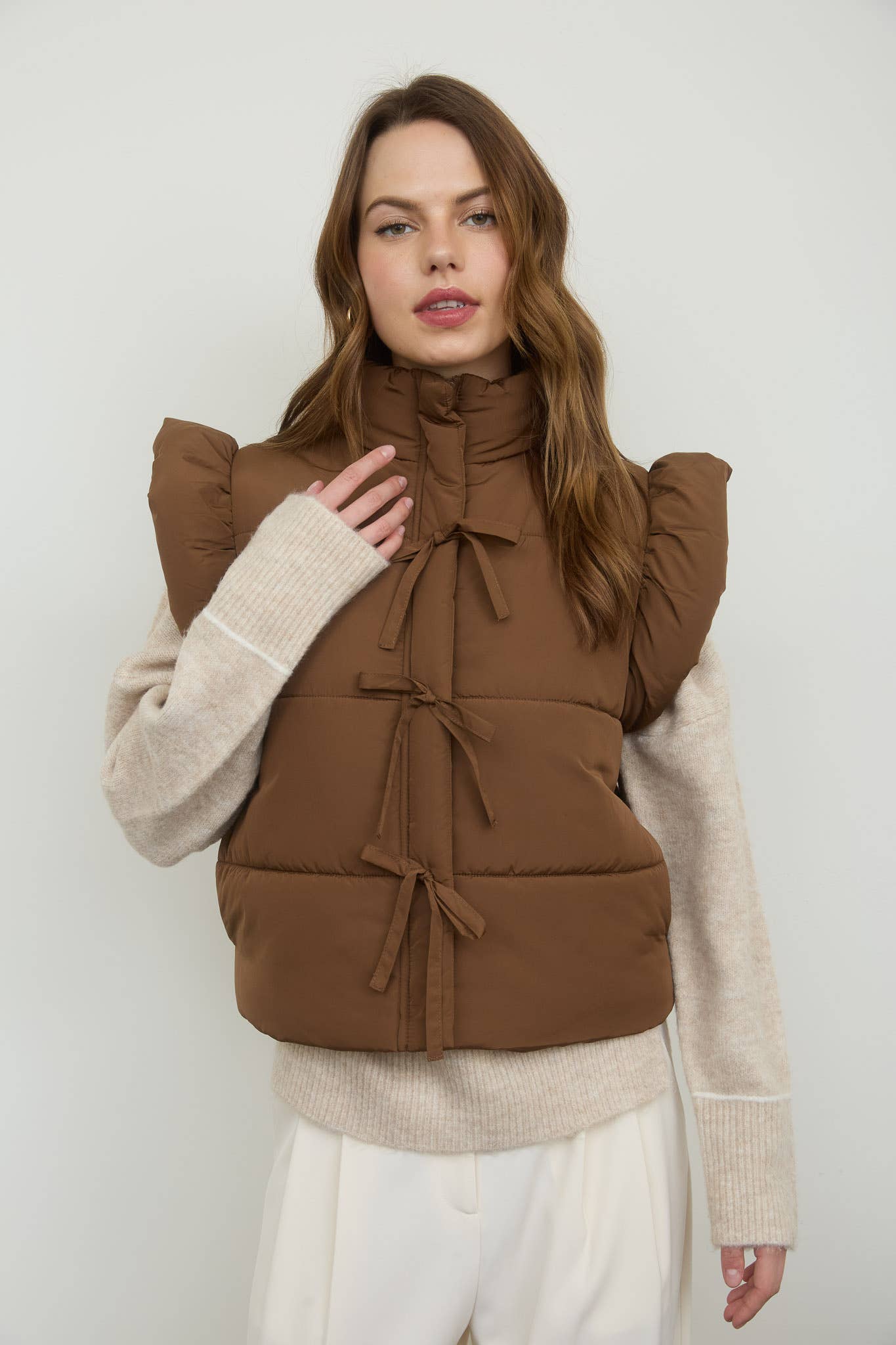 Brown Flutter Sleeve Bow Detail Puffer Vest F