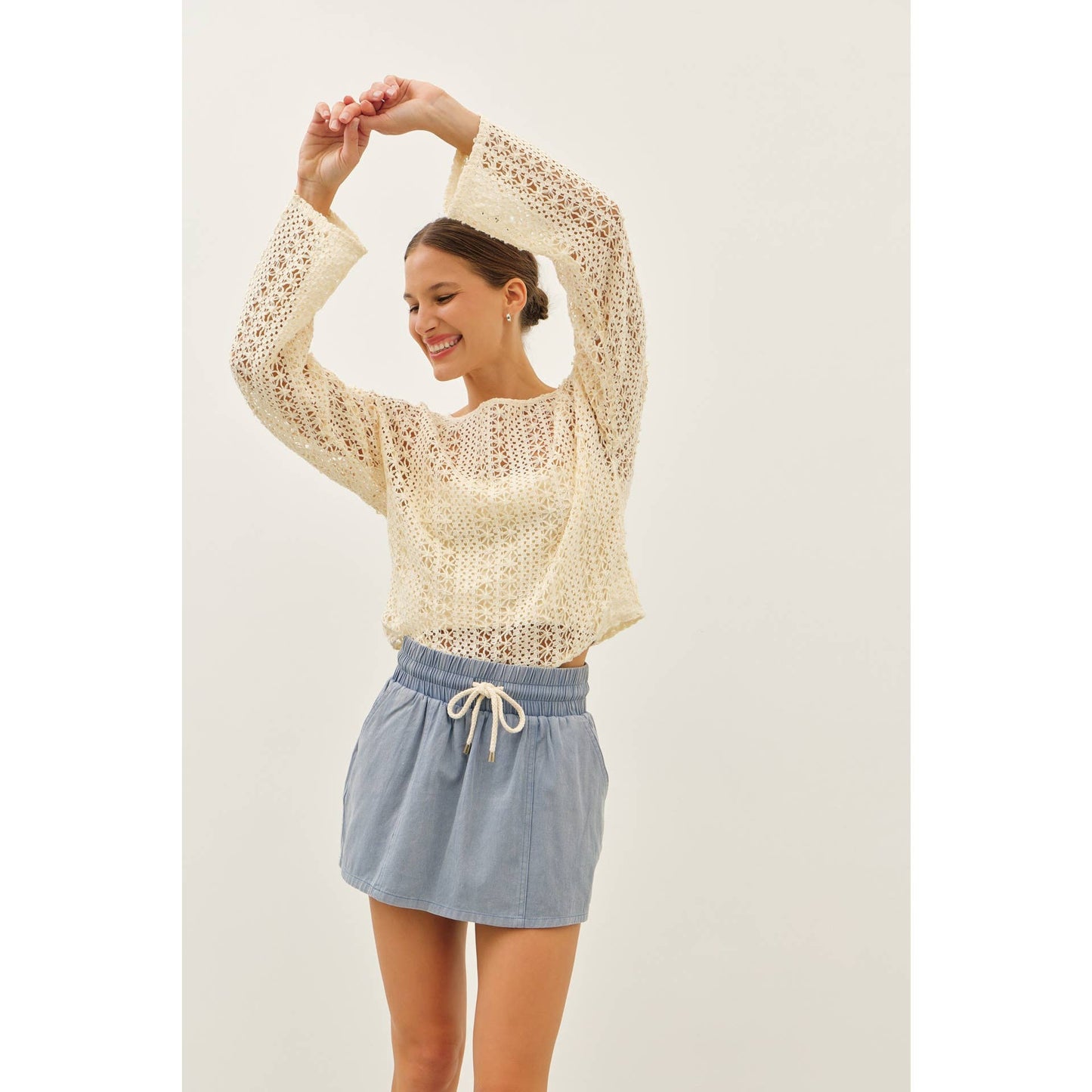 Cream Sheer Floral Crochet Top With Bell Sleeves