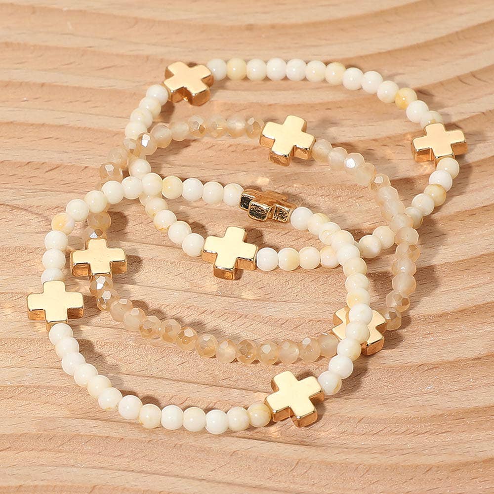 3PCS - Cross Charm Beaded Stretch Multi Layered Bracelets: Gold,Mint