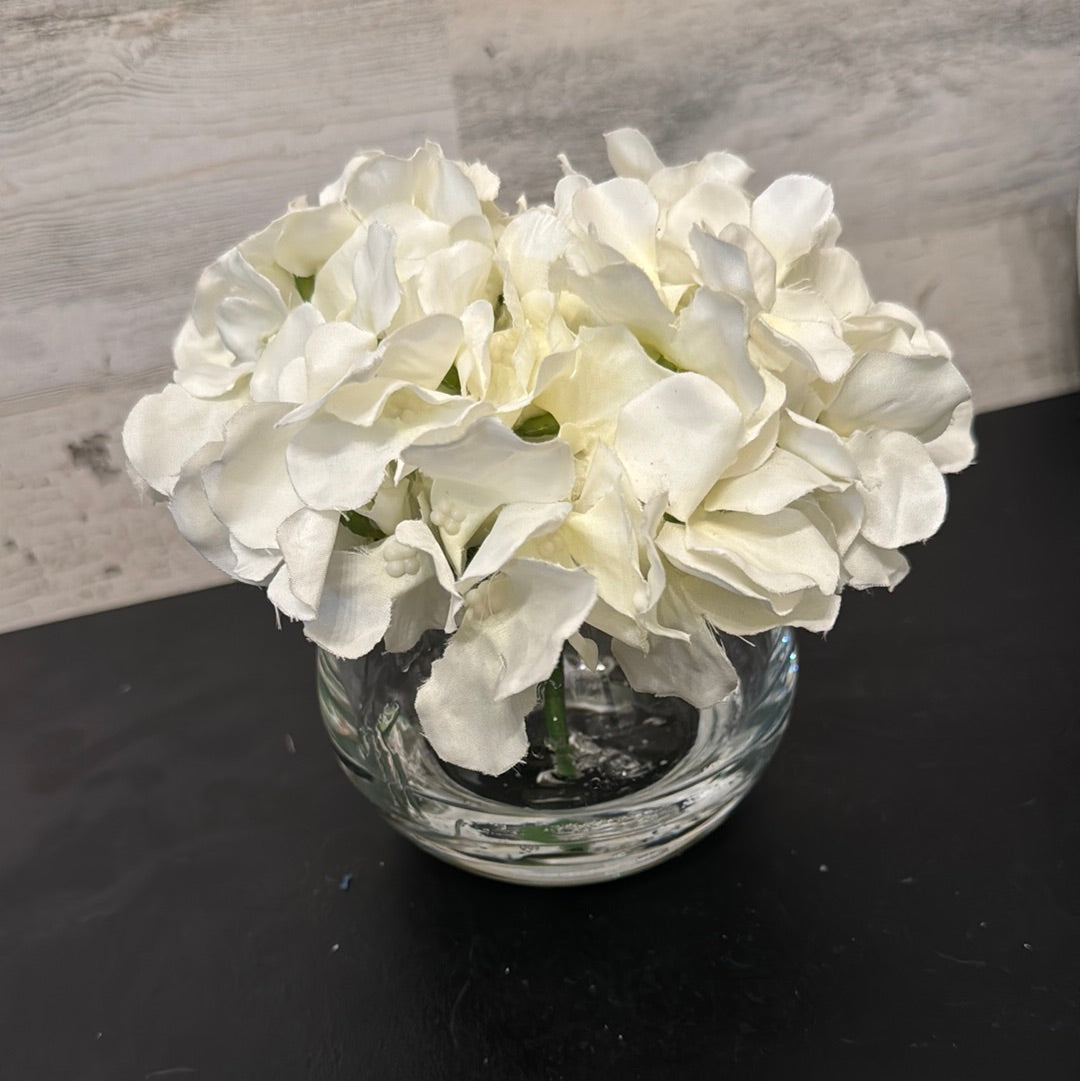 White Hydrangea Floral Arrangement in Glass Vase