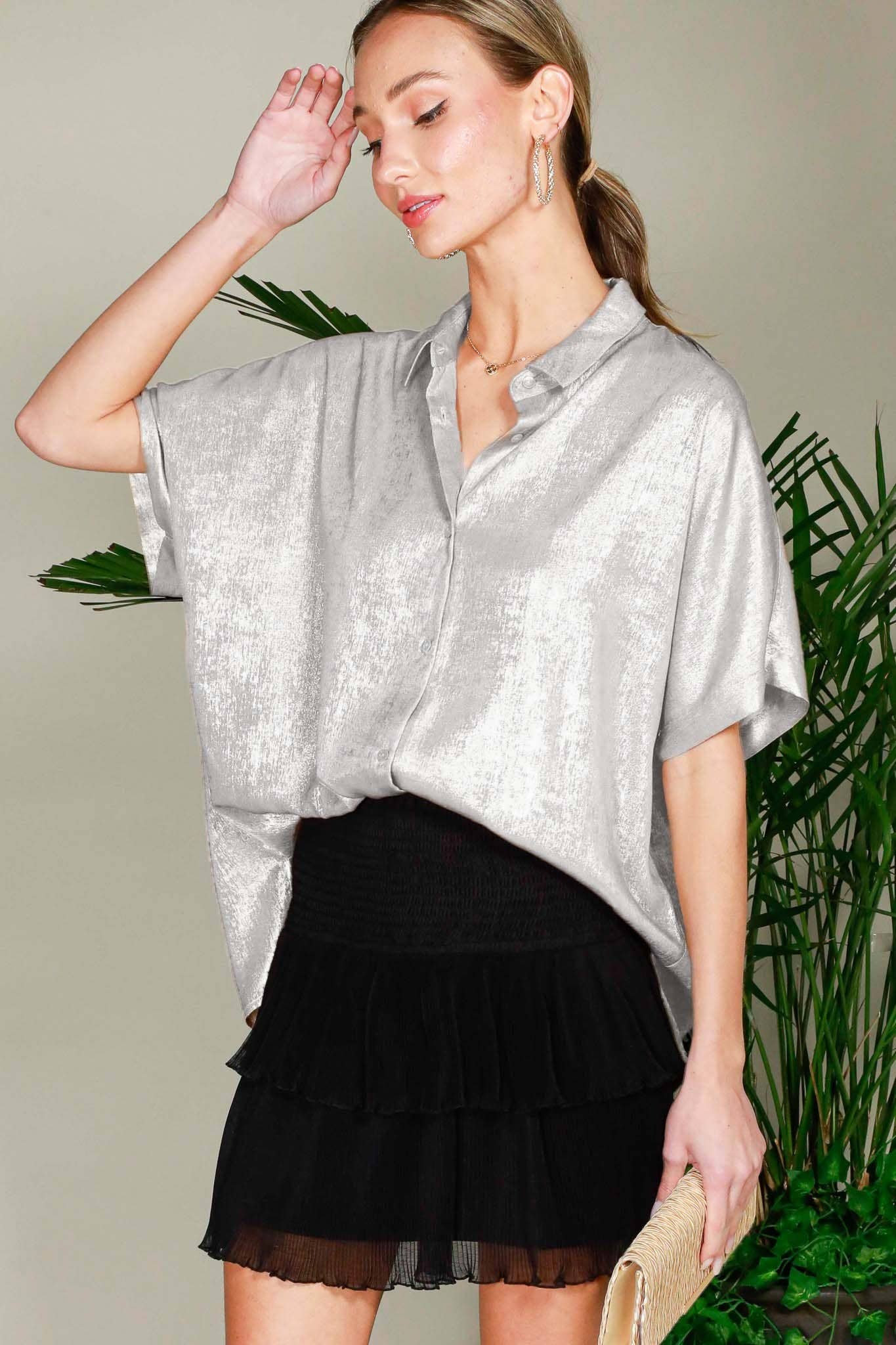 Champagne Collared Neck Button Down Metallic Woven Top