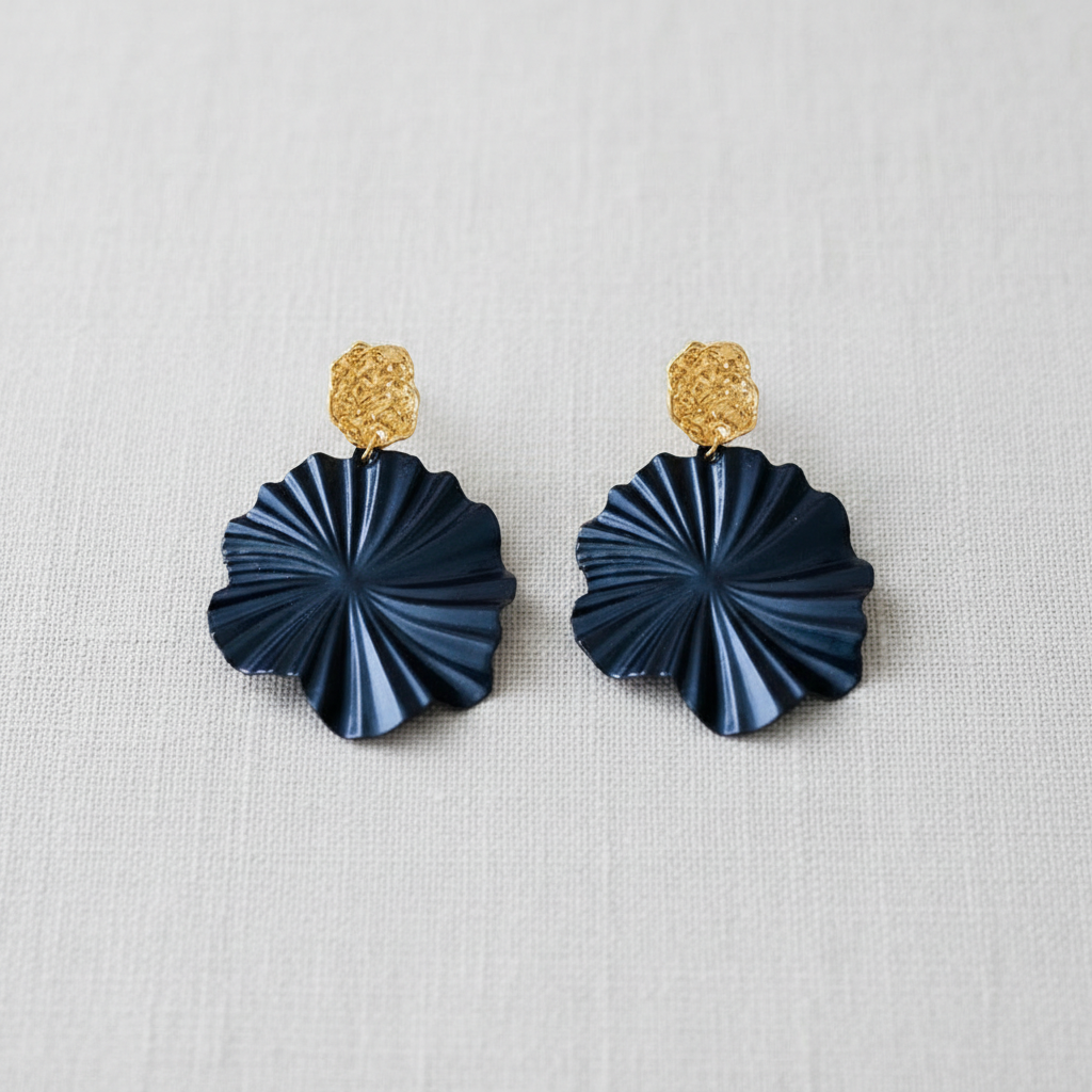 Silver Needle Black Mint Leaf Earrings