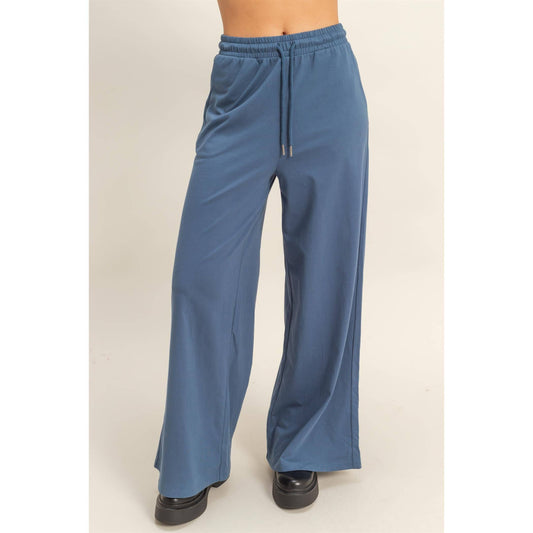 Dusty Navy Trendy Cotton Wide Leg Pants