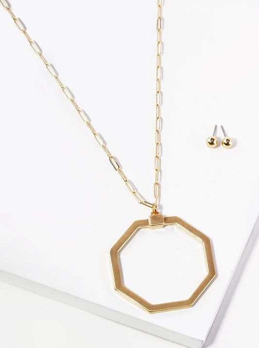 Matte Gold Metal Octagon Pendant 32 Inch Long Necklace