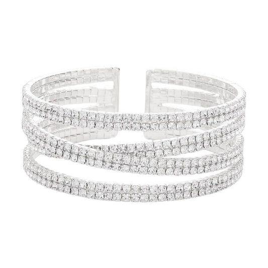Rhinestone Pave Crisscross Cuff Evening Bracelet: Silver Clear
