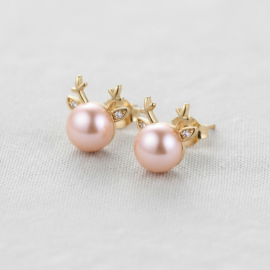 Whimsical Reindeer and Pearl Stud Earrings