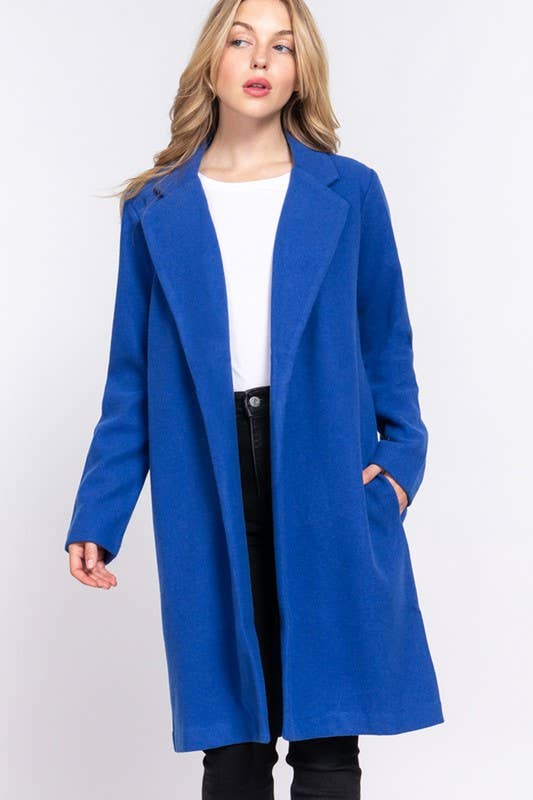 Royal Blue Notched Collar Open Front Long Coat