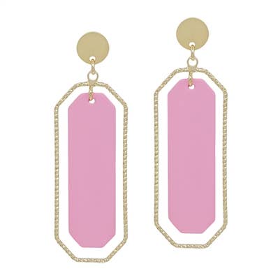 Pink Color Coated with Gold Outline Rectangle 2" Earring