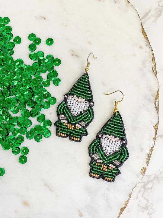 Green Gnome Seed Bead Dangle Earrings
