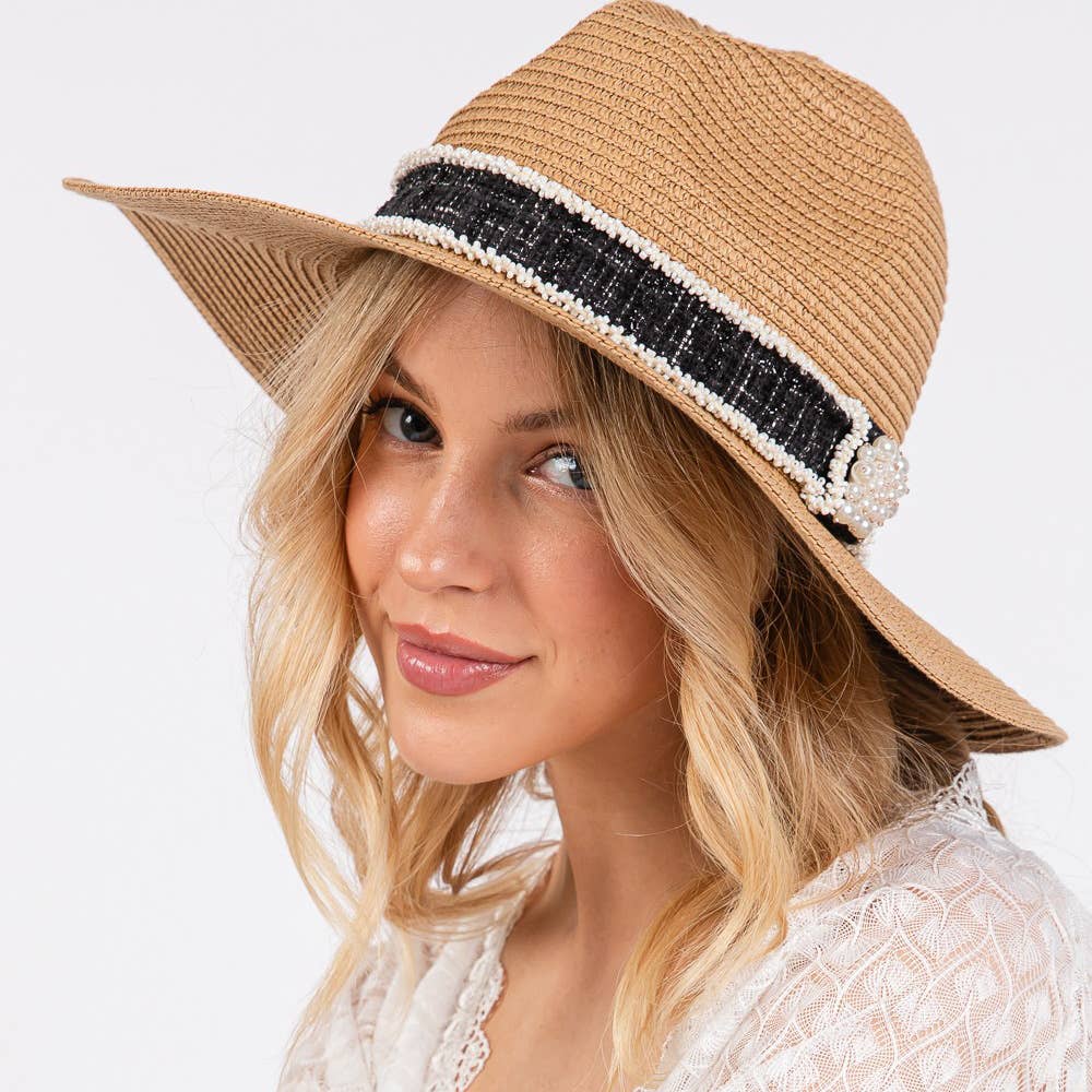 Taupe Tweed Pearl Band Straw Sun Hat