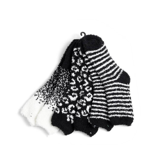 Black/White Ladies Fuzzy Socks: 3 Pair Set